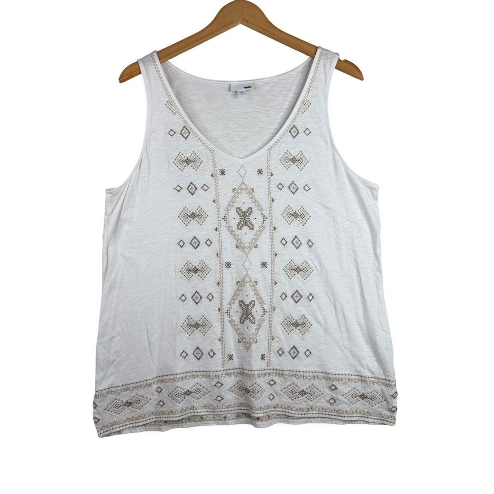 J. Jill Geometric Embroidered Sleeveless Tank Top size Medium White/Tan